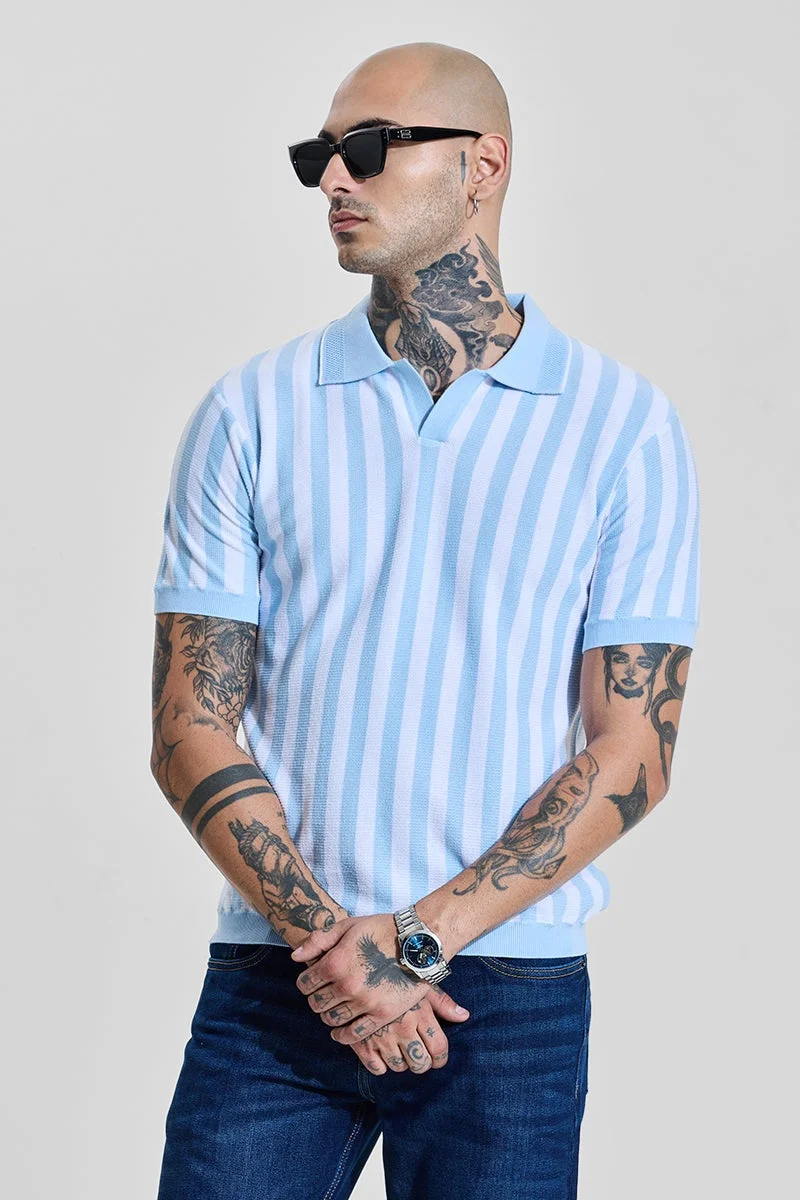 SNITCH Light Blue Stripes Polo Slim Fit T-Shirt